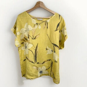 Bellambria Women's Floral Linen Blouse Yellow Top Size M Short Dolman Sleeve